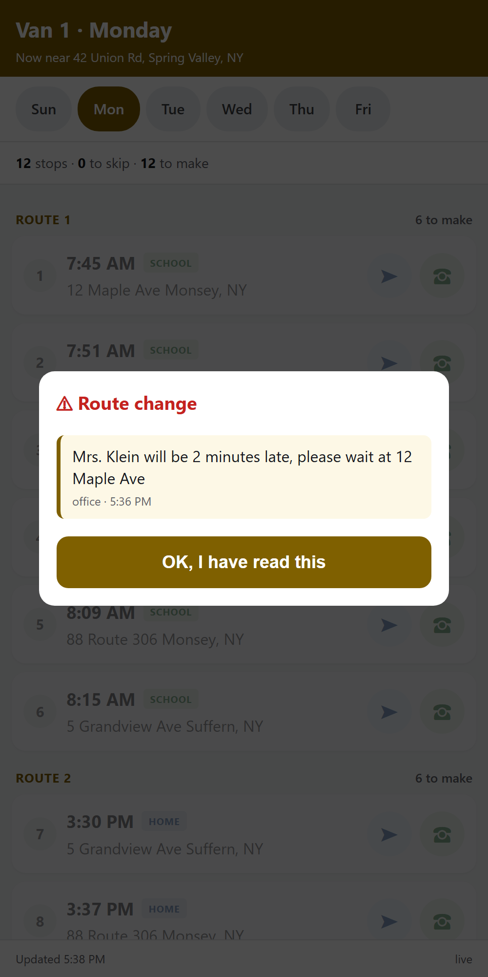The driver app: today's route with a route change popup