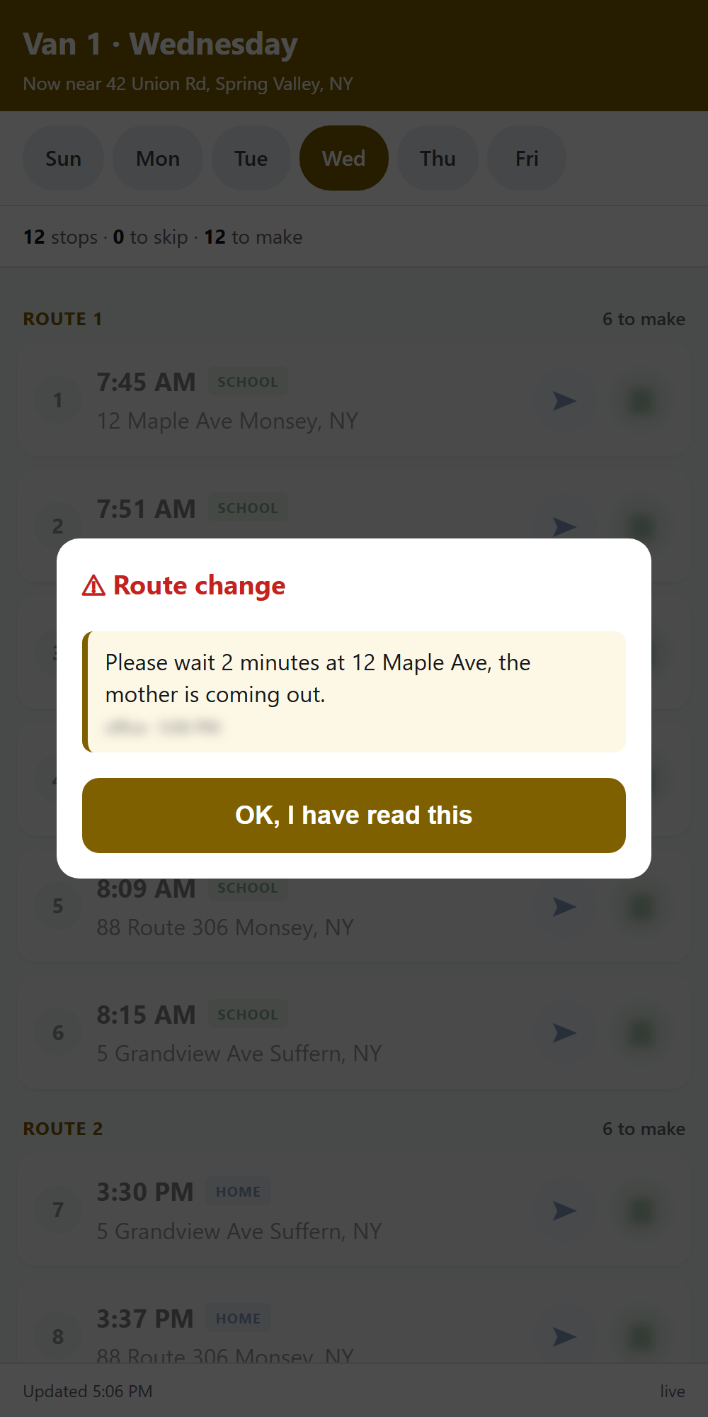 The driver app: today's route with a route change popup