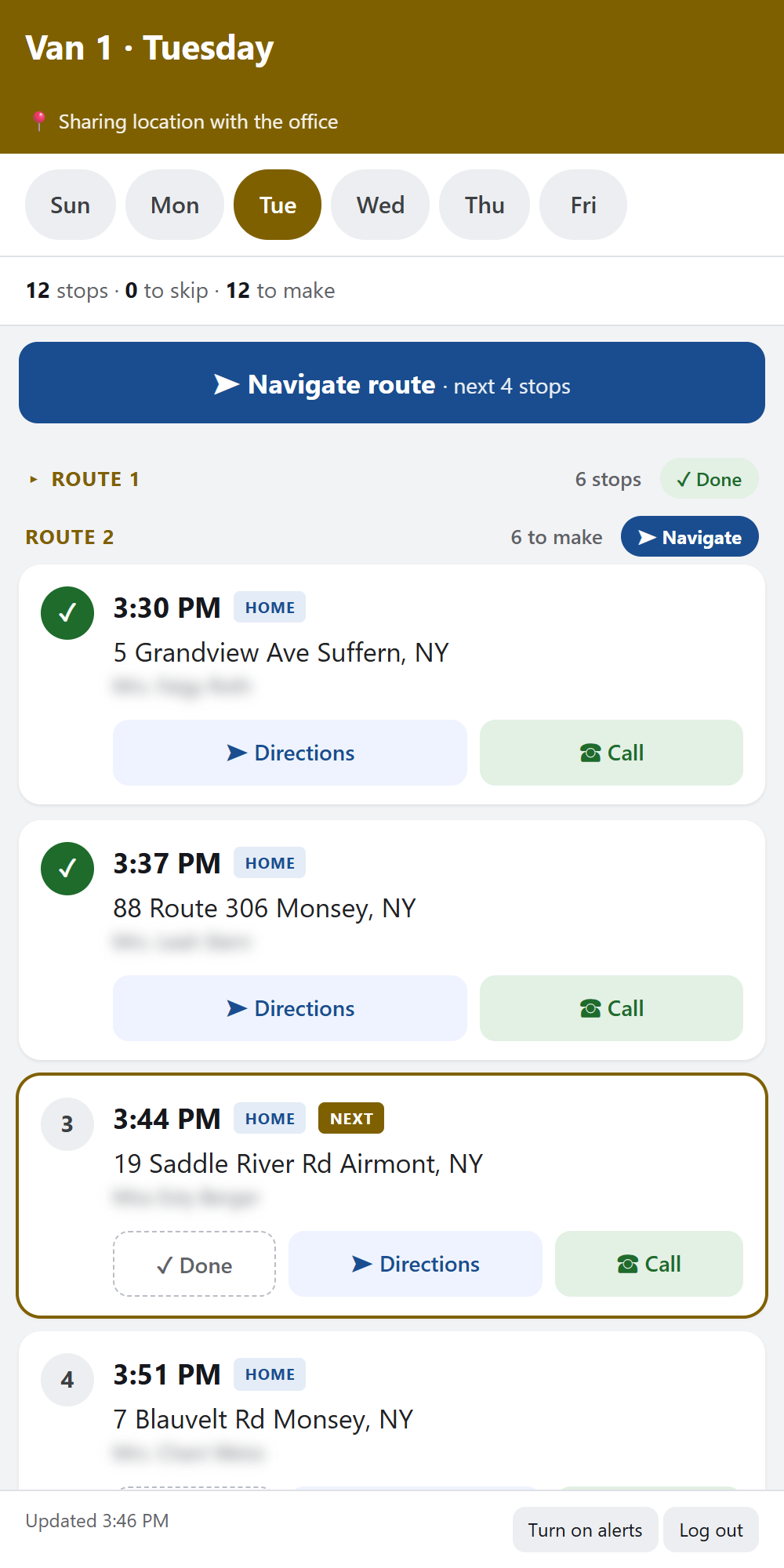 The driver app: today's route numbered per route, stops checked off, the next stop, and a Navigate button that opens the route in Google Maps