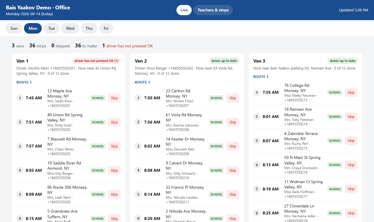 The office page, Live tab: a map with every van and its stops, then each van's list with Skip buttons