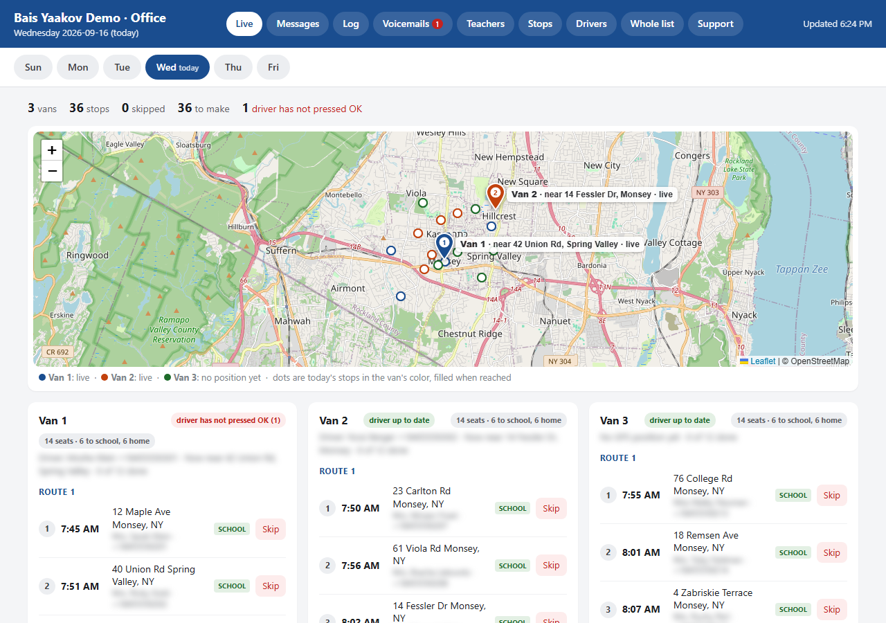 The office page, Live tab: a map with every van and its stops, then each van's list with Skip buttons
