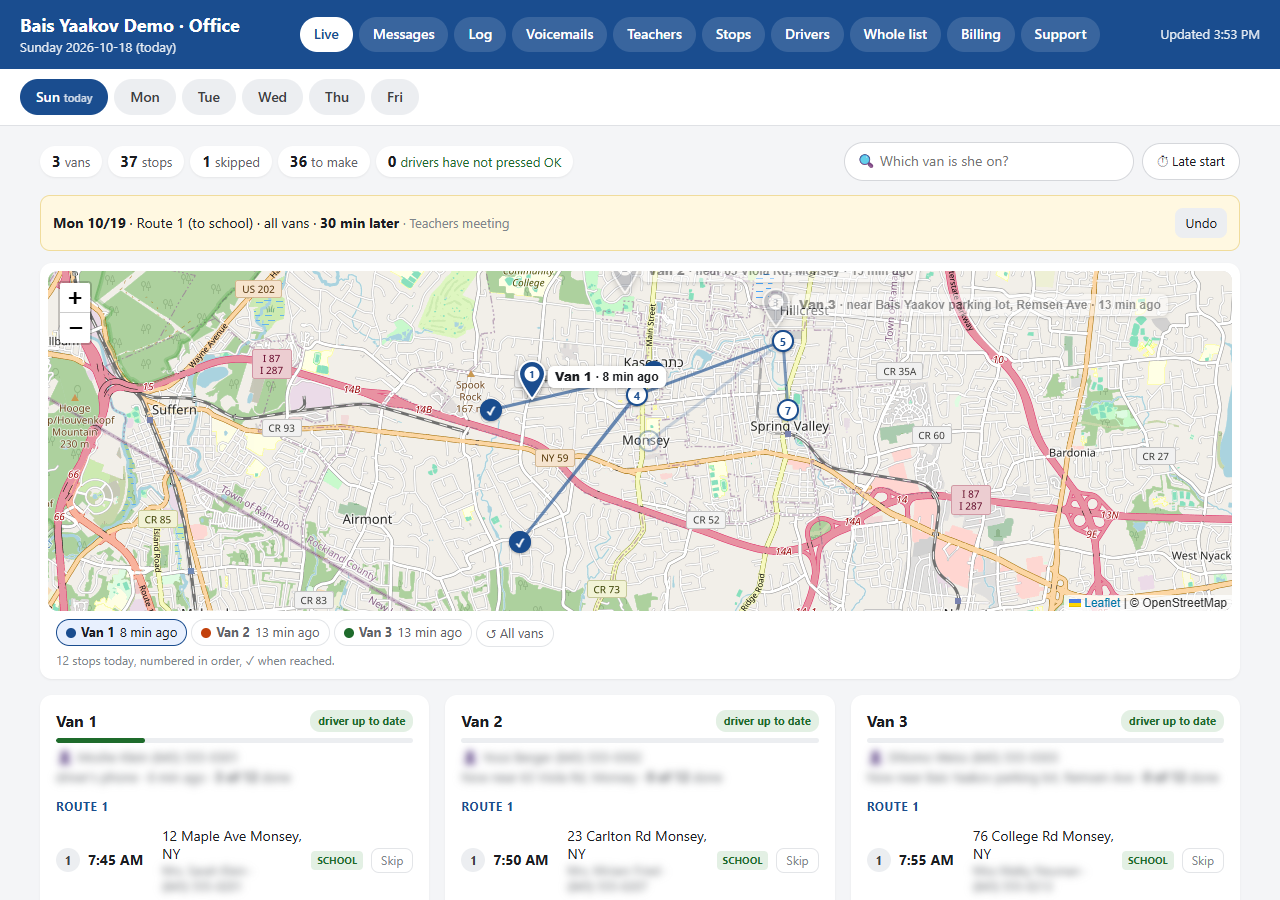 The office page, Live tab: today's counts, the search, a map with every van and one van's route, then each van's list