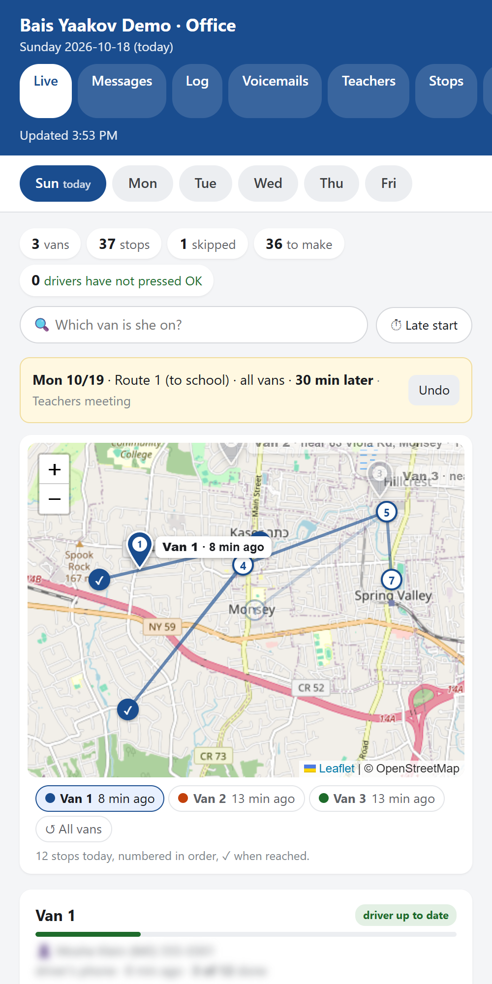 The office page on a phone: map and vans